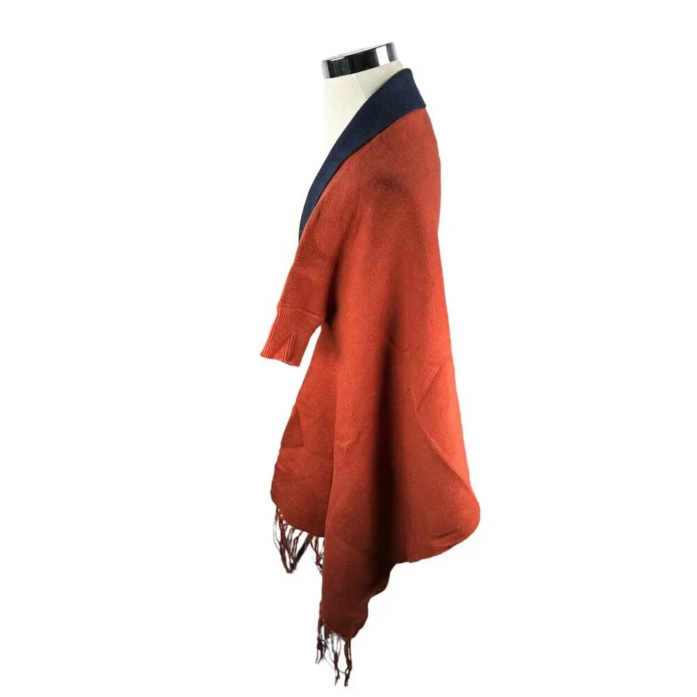 MERSEA Sleeved Wrap Poncho Women's‎ OS Burnt Orange Ribbed Fringe Mer Sea Cotton